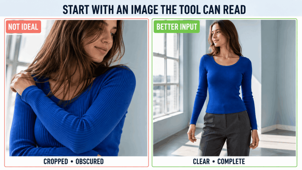 Input comparison showing an obscured cropped portrait beside a clear and complete outfit photo.