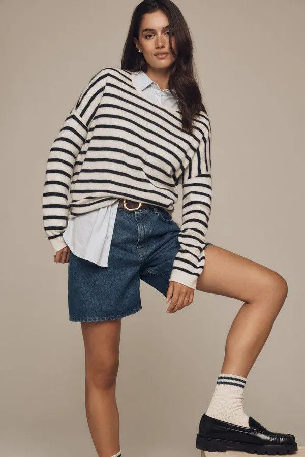 Reference outfit featuring a striped sweater, blue shirt, and denim shorts for an AI clothing swap.