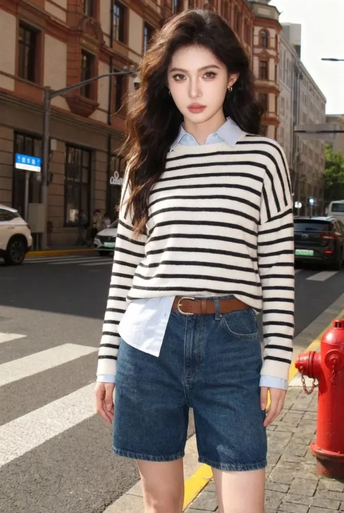 AI clothes changer for product photos result with the striped outfit applied to the street portrait.