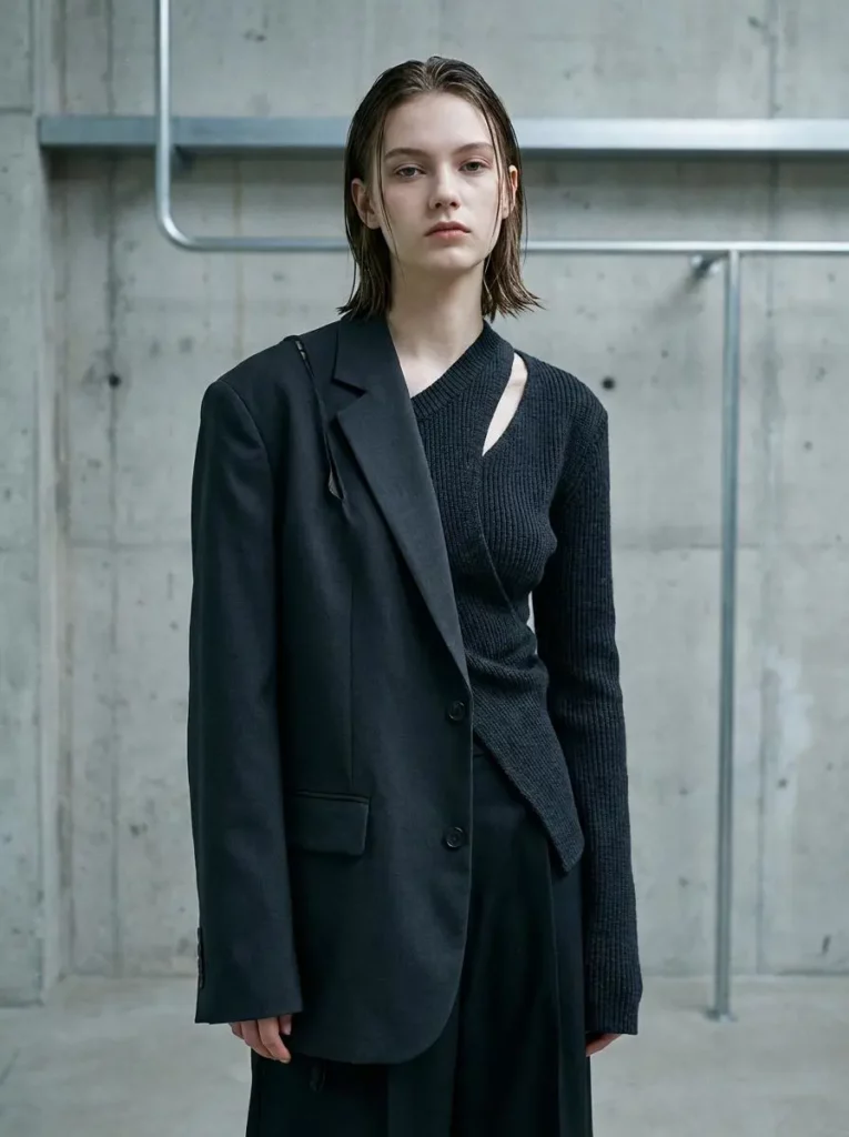Original model photo in a black asymmetric knit top and oversized blazer against a concrete wall.