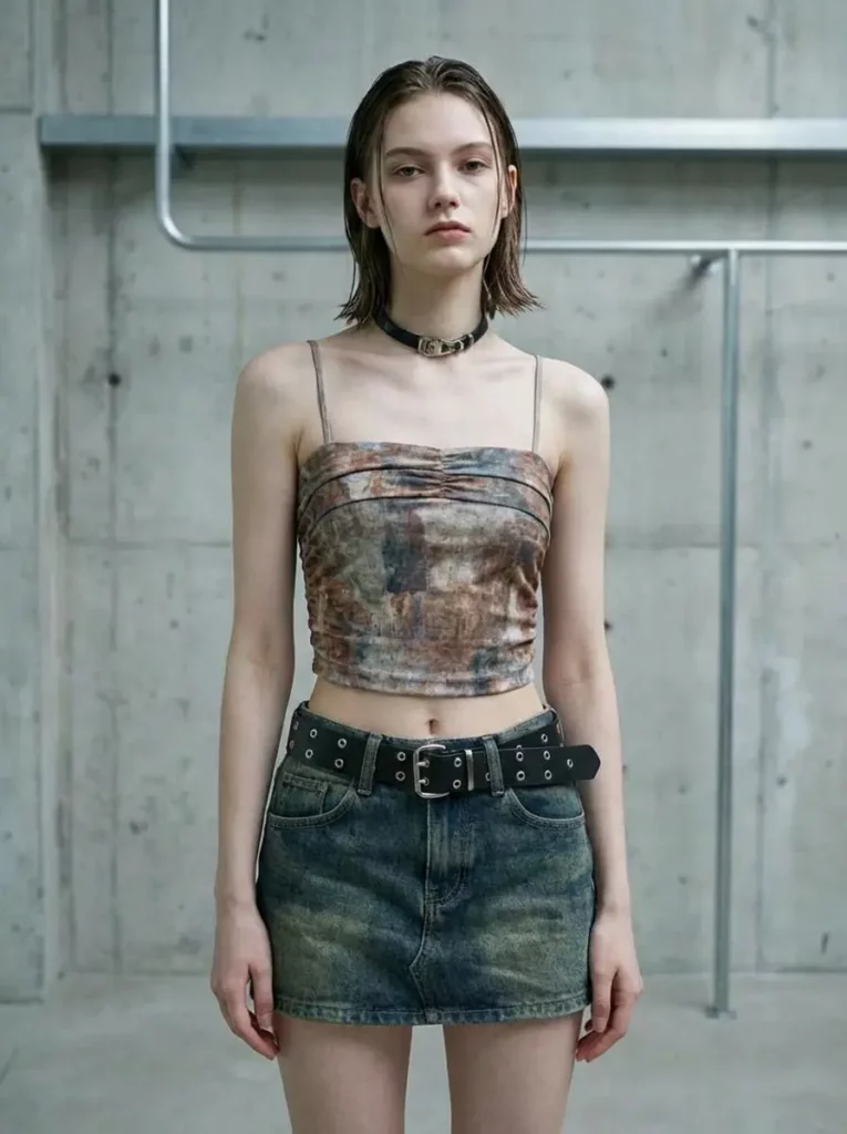 AI clothes changer for product photos result featuring a printed camisole and denim mini skirt.