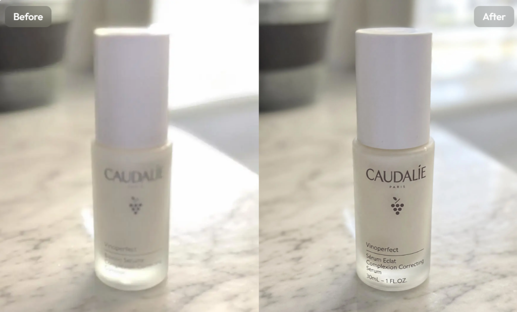 Before-and-after photo enhancement comparison showing improved clarity and readable details on a skincare serum bottle.