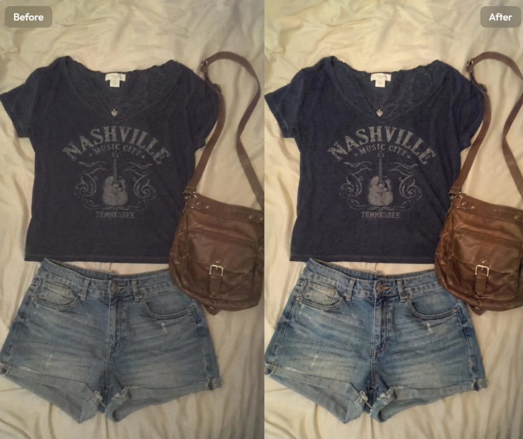 Before-and-after enhancement of a flat-lay outfit with clearer T-shirt graphics, denim texture, and bag details.