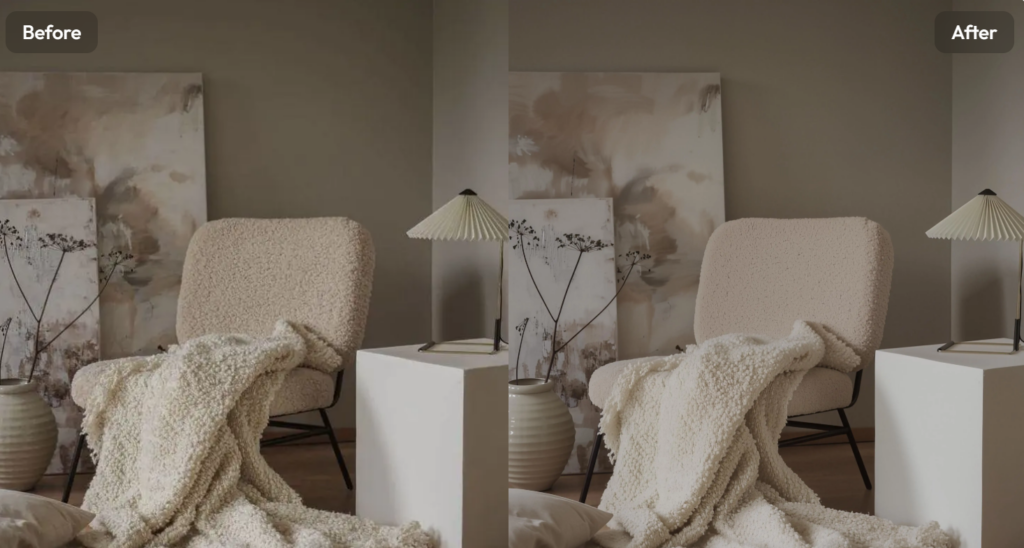 Before-and-after interior photo enhancement showing a brighter chair, blanket, lamp, and wall art with clearer details.