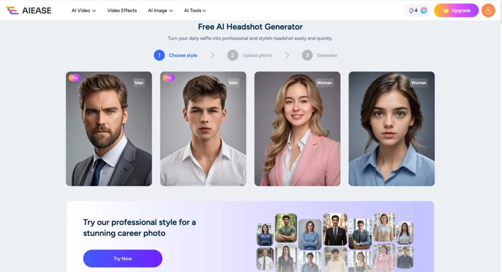 free ai headshot generator screenshot of ai ease
