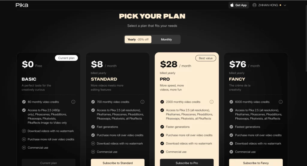 price plan screenshot of pika ai