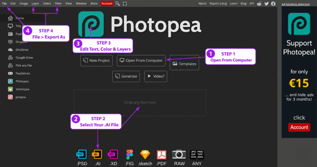 Annotated Photopea interface showing how to open an AI file, edit text, colors, and layers, and export the finished design.