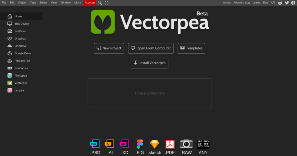 Vectorpea online vector editor home screen with options to open AI, SVG, PDF, and other design files from a computer.