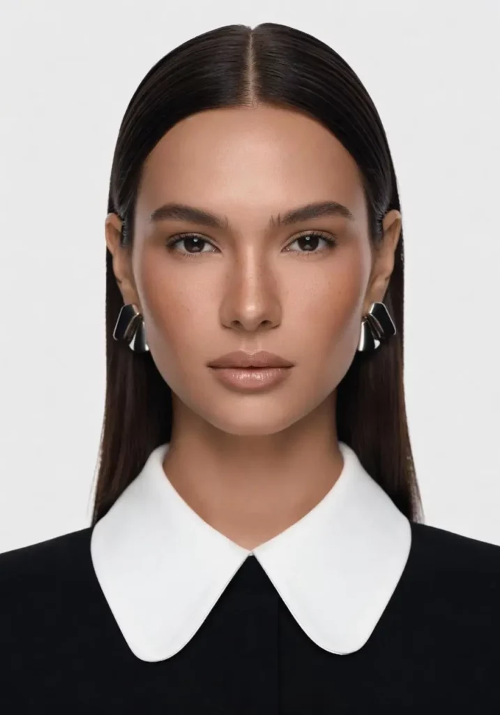 Grok AI Image Generator editorial portrait showing an adult woman with straight dark hair and a black outfit with a white collar