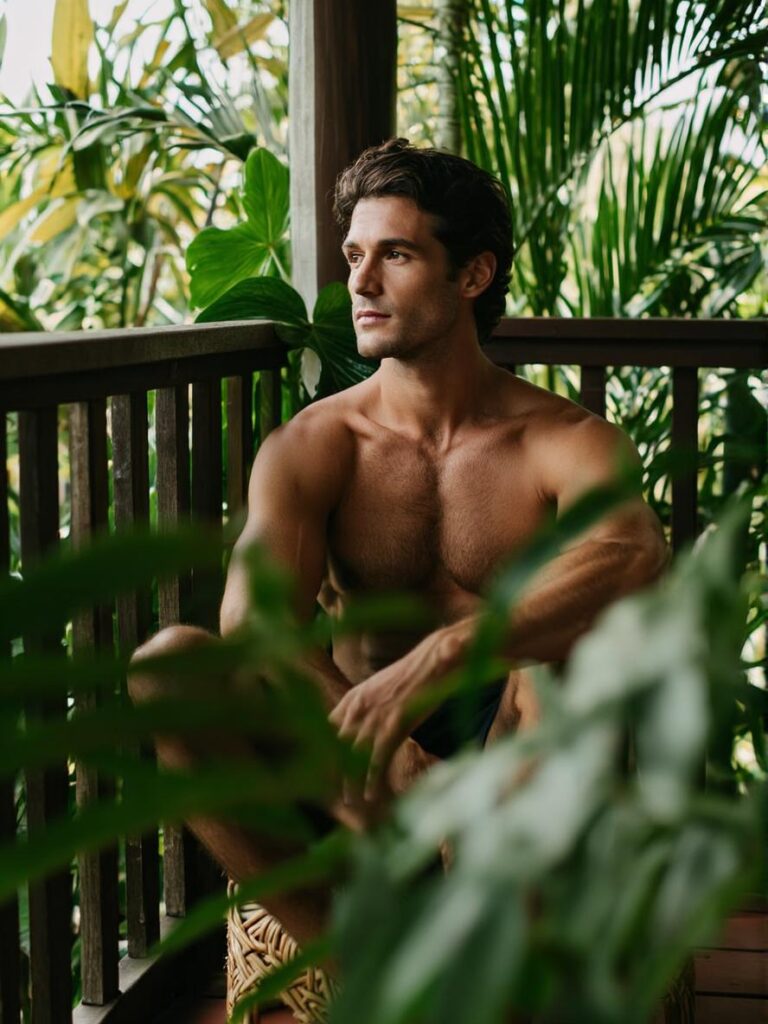 realistic male model portrait in tropical setting created with WeShop Z-Image AI Image Generator, natural light and fashion photography style