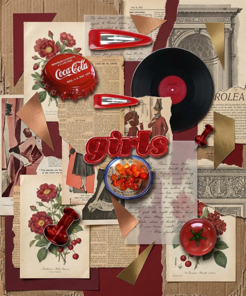 a chaotic yet refined multi-media collage dominated by a deep red primary color palette by weshop ai.