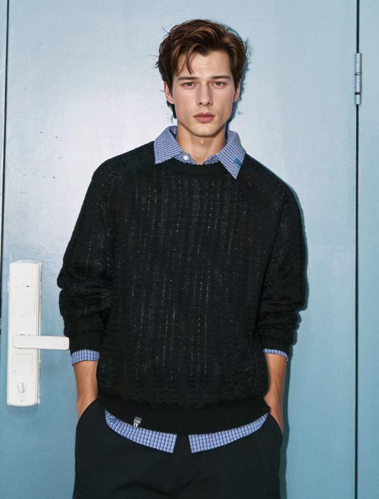 slim male model before transformation using WeShop AI fat generator, original body shape for AI size conversion comparison