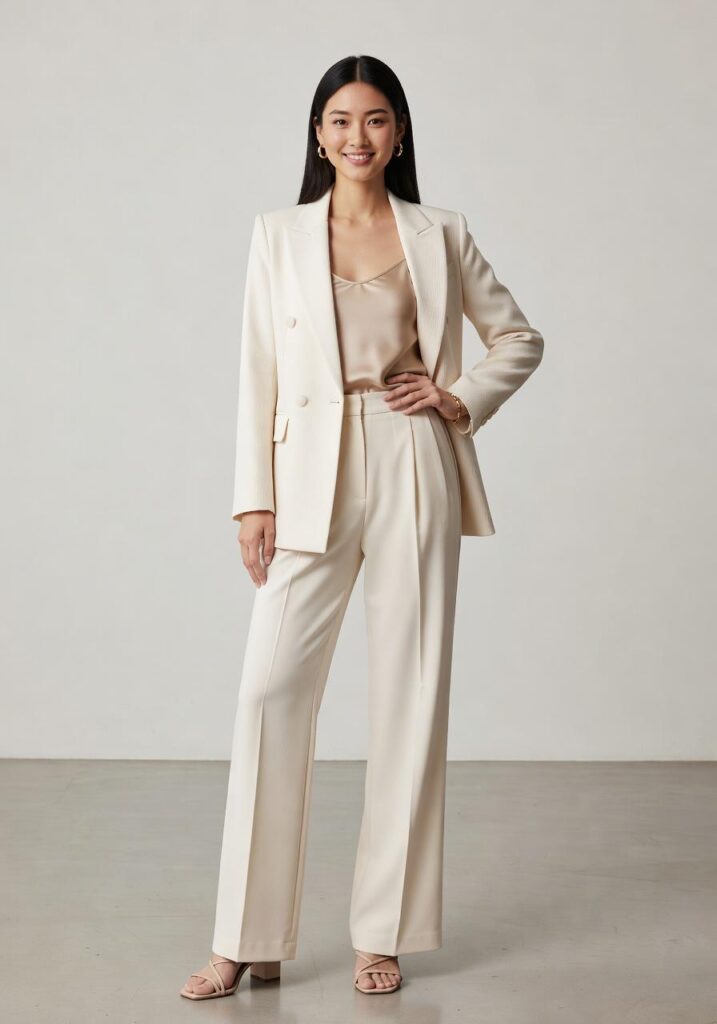 Grok AI Image Generator editorial portrait of an adult woman in a white tailored suit against a neutral studio background