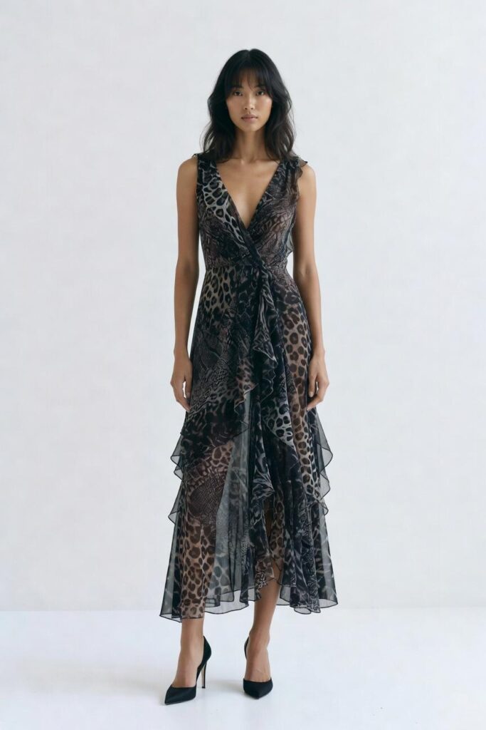 Grok AI Image Generator fashion portrait of an adult woman wearing a dark patterned midi dress in a clean studio setting
