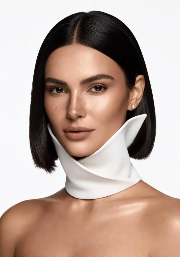 Grok AI Image Generator editorial portrait showing an adult woman with a sleek black bob and sculptural white collar