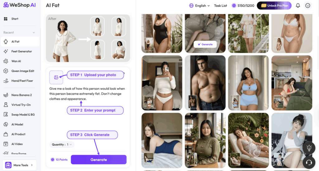 AI fat 1 – WeShop AI Blog WeShop AI XXXL Models interface with an upload area, prompt field, quantity control, and generated plus-size model examples