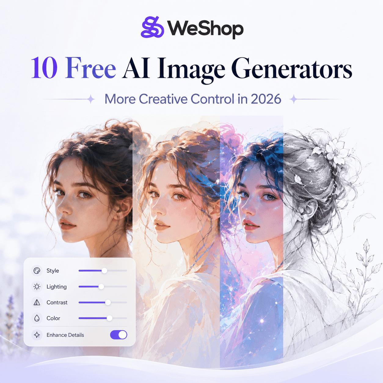 Free AI image generator cover showing multiple creative styles and adjustable visual controls with WeShop