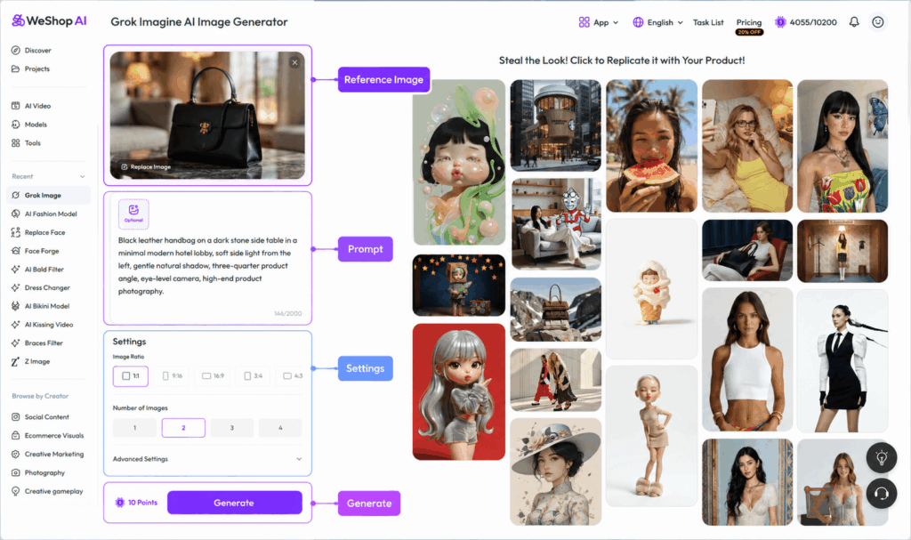 WeShop Grok AI Image Generator interface showing reference image prompt and generation controls