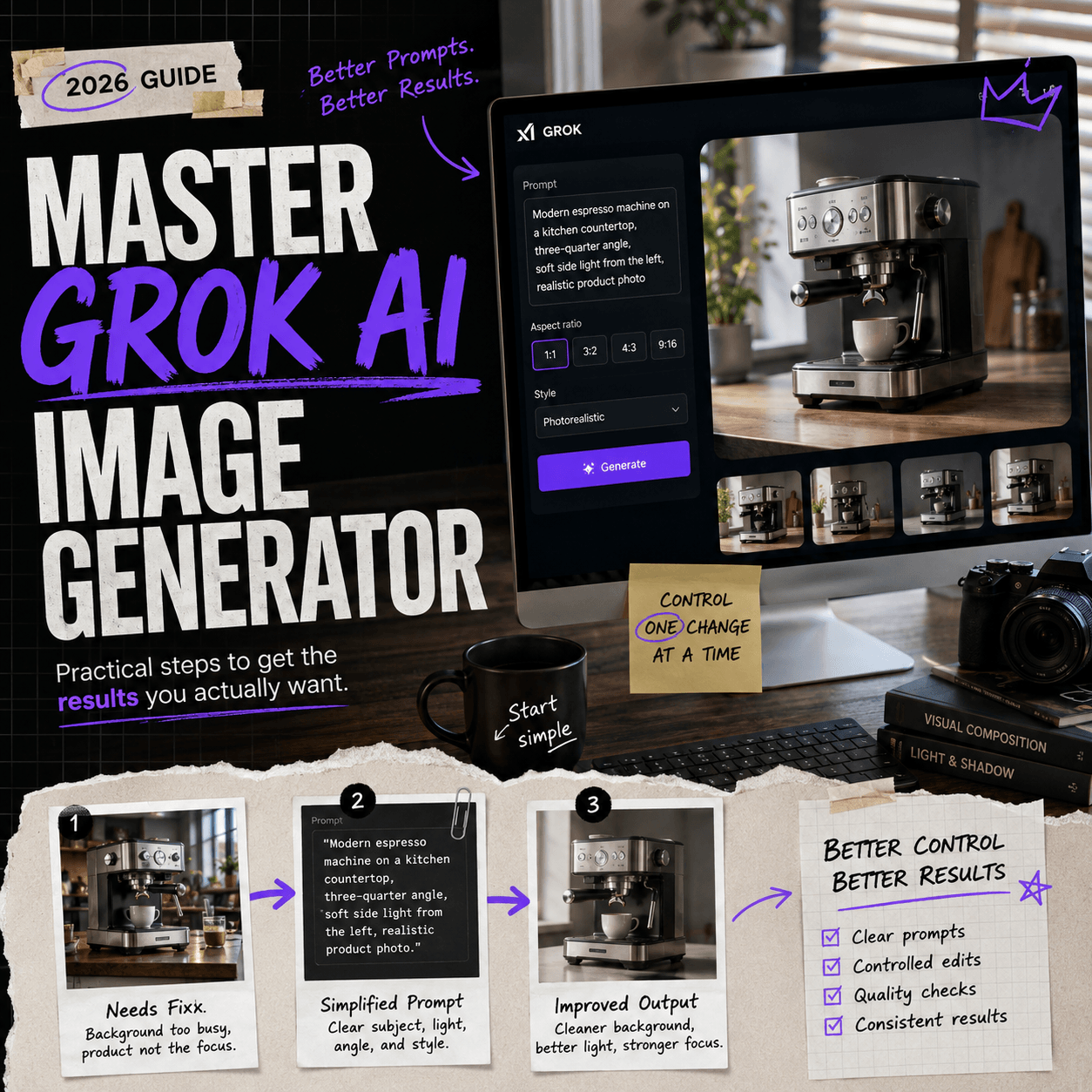AI Image Generator cover showing Grok prompt refinement from a busy product scene to a cleaner generated result