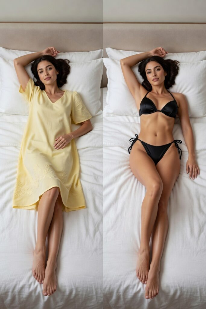 WeShop AI Grok Image AI Clothes Remover before and after bedroom comparison, showing a realistic transformation from a yellow sleep dress to a black bikini