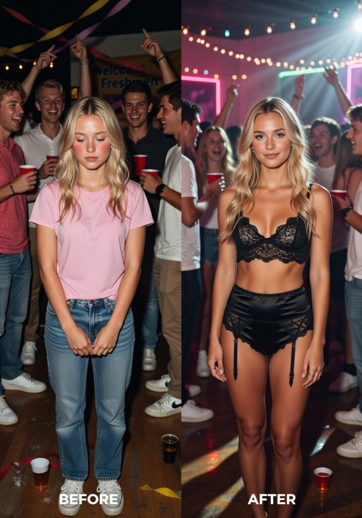 WeShop AI Grok Image AI Clothes Remover before and after comparison at a party, showing a realistic transformation from a pink T-shirt and jeans to black lingerie