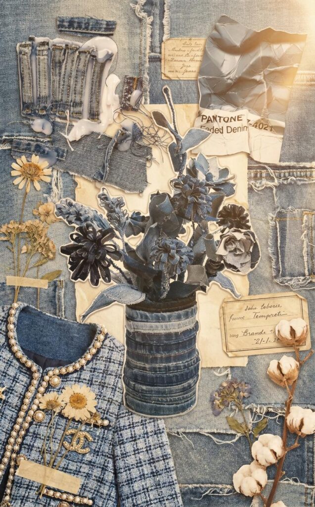 a spring–summer retro denim themed composition with a nostalgic vintage aesthetic by si collage maker of weshop ai.