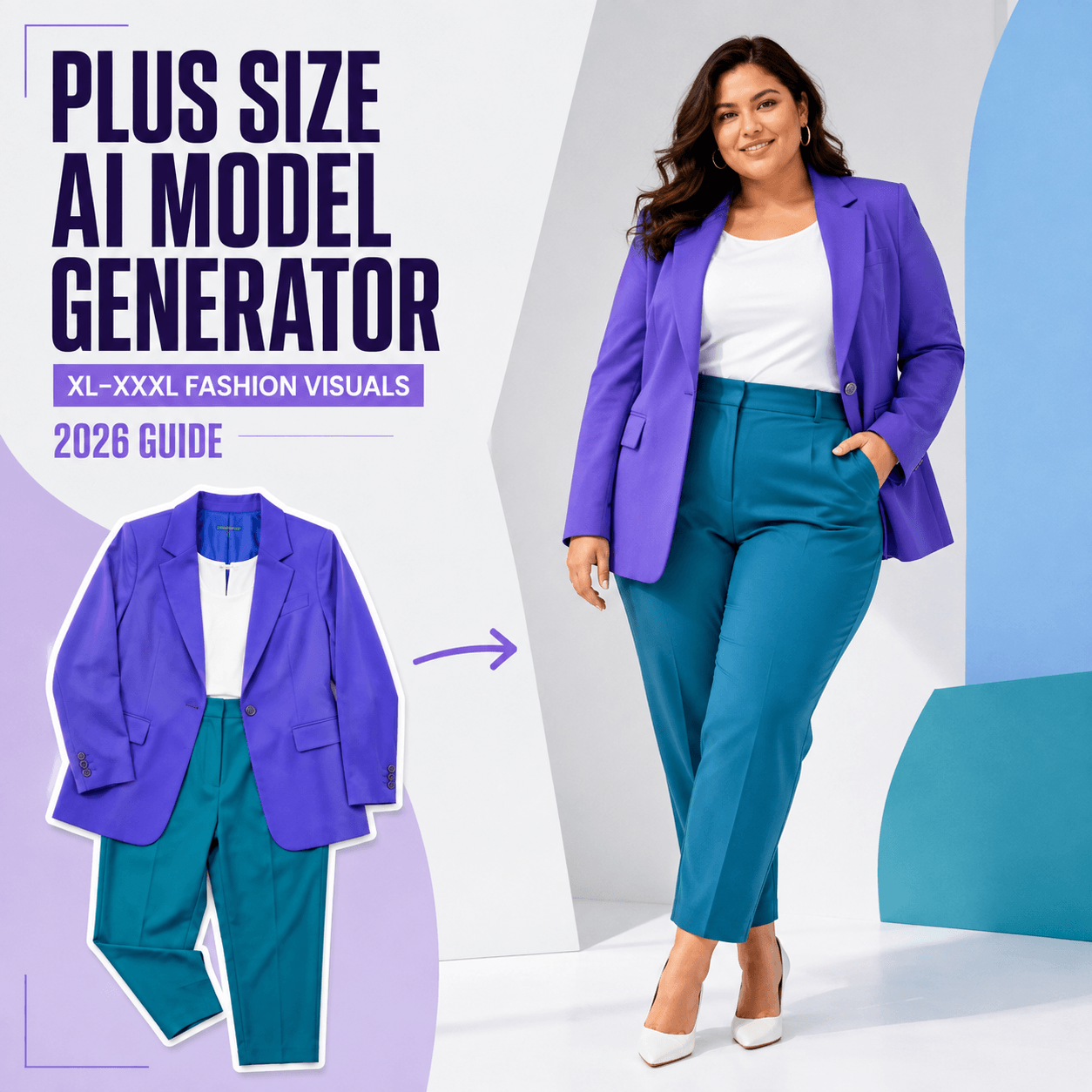 Bright editorial cover showing a purple blazer and teal trousers transformed from a flat-lay outfit into a plus-size AI fashion model.