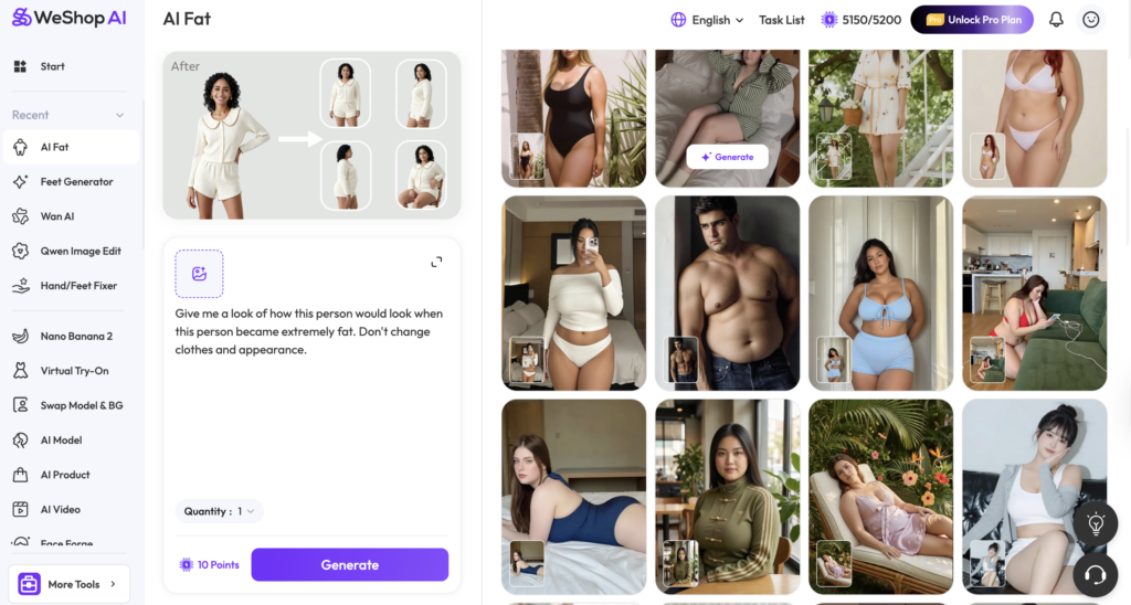 WeShop AI Fat tool interface showing AI-generated plus size and XXXL models for fashion visualization