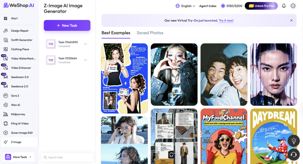 WeShop Z-Image AI Image Generator interface with example outputs, showcasing flexible AI image creation and editing features