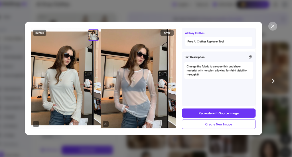 WeShop AI Xray Clothes generator displaying before and after results with recreate and generate options
