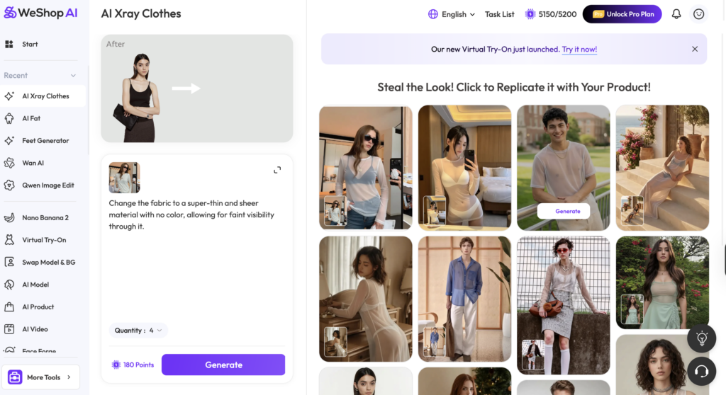 WeShop AI Xray Clothes tool interface showing AI clothes generator with templates and editing options