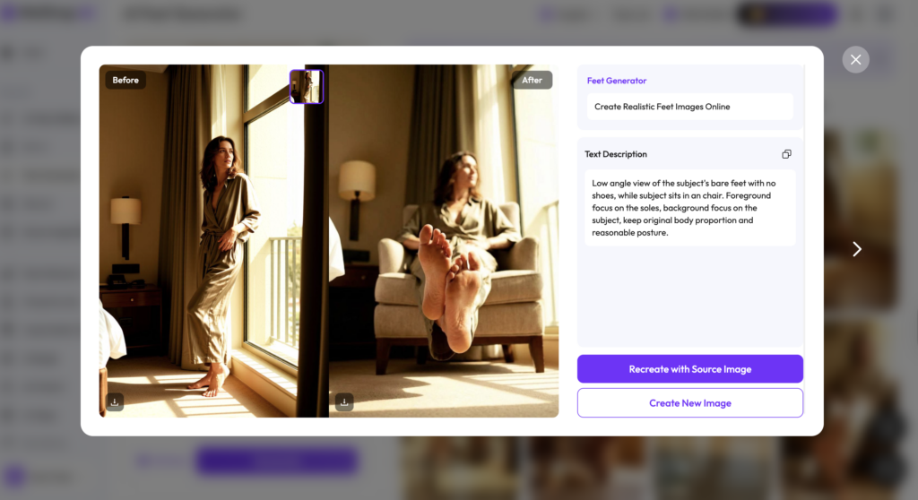 image-18 – WeShop AI Blog WeShop AI Feet Generator interface showing before and after feet image creation with template and prompt-based workflow