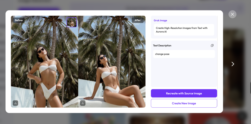 WeShop AI Grok Image AI Clothes Remover interface showing recreate with source image and create new image features for realistic clothing transformation workflows