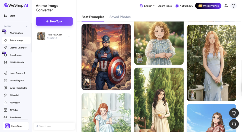 WeShop AI Anime Image Converter interface showing anime-style image generation examples