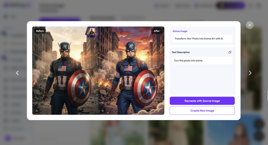 Before and after example of WeShop AI Anime Image Converter transforming photo into anime style