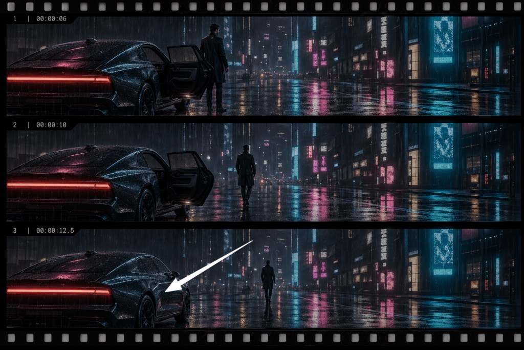 A three-panel cinematic film strip showing an AI video bug in HappyHorse 1.0 where a car door mysteriously closes on a rainy cyberpunk street as the character walks away.