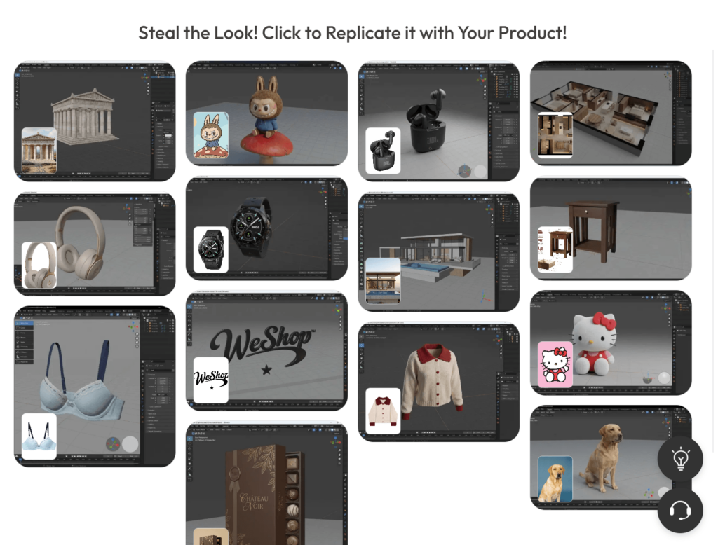3Dimage-2-1 – WeShop AI Blog A grid display of 14 examples showing WeShop's 2D-to-3D modeling capabilities. Each panel features a 2D reference photo next to its corresponding 3D render in a digital workspace, featuring items like electronics, architecture, apparel, and characters.