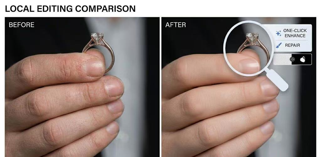 A 'Before' and 'After' comparison of a diamond ring being held. The 'After' image features a magnifying glass effect showing 'One-Click Enhance' and 'Repair' tools used to sharpen the diamond and smooth skin textures.