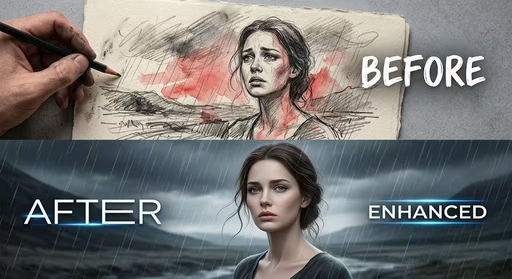 A dramatic split-screen comparison. The top "Before" section shows a messy yet powerful hand-drawn pencil sketch of a woman with a deeply sorrowful, lifelike expression. The bottom "After" section shows the version enhanced by gpt image 2; while the resolution is a technically perfect 8K, the woman’s expression is hollow and her skin texture is unnaturally smooth like plastic, completely losing the emotional depth of the original.