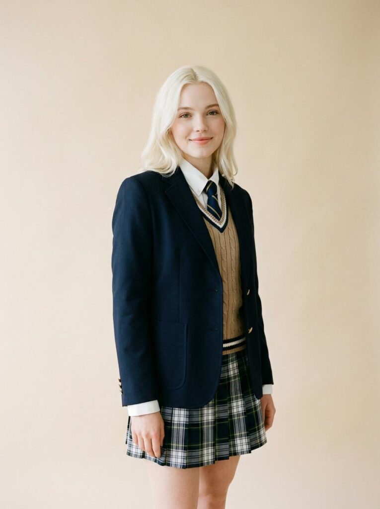 69799c21649a736d6b0e608c_original – WeShop AI Blog AI Clothes Changer source model wearing a school-inspired blazer and plaid skirt outfit