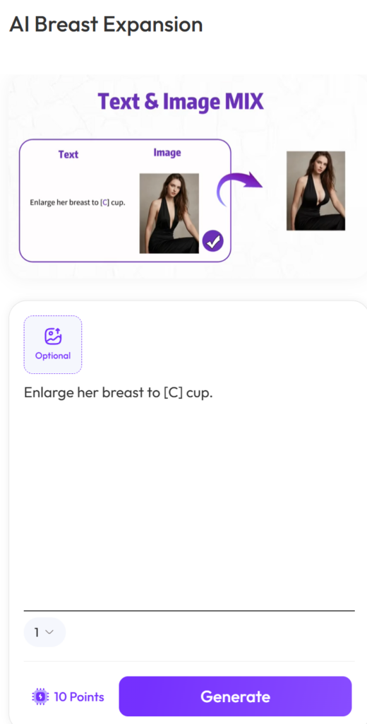 Screenshot of the WeShop AI tool interface. The prompt "Enlarge her breast to [C] cup" is shown in the text input area next to the "Generate" button, demonstrating the text-to-image workflow.