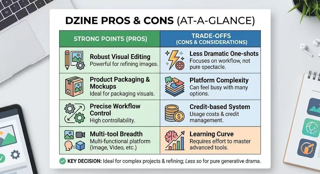 A clean summary table titled 'Dzine Pros & Cons (At-a-Glance)'. Strong points include Robust Visual Editing and Precise Workflow Control. Trade-offs include a Learning Curve, Platform Complexity, and a Credit-based System. The key decision note at the bottom suggests it is ideal for complex projects but less so for pure generative drama.