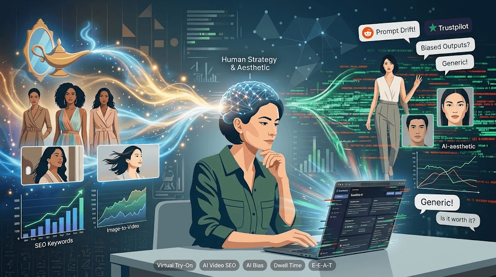 A flat 2D conceptual illustration showing a digital marketer analyzing EaseMate AI performance, featuring virtual try-on models, image-to-video SEO charts, and Reddit/Trustpilot feedback bubbles for a blog review.