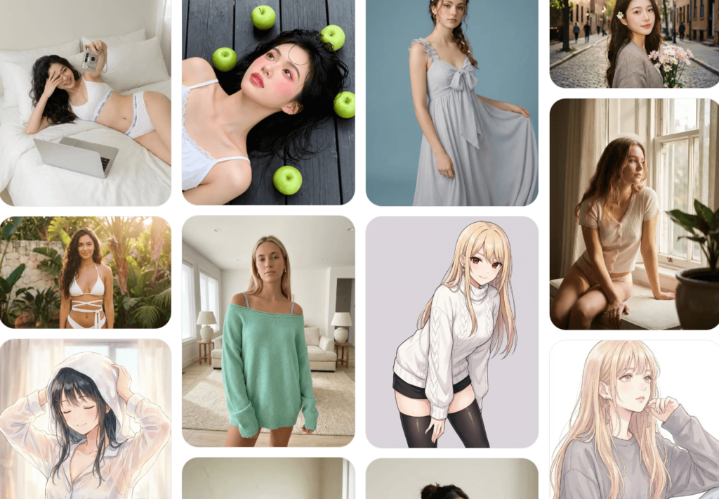 A diverse collage of AI-generated female characters showcasing realistic, anime, and cinematic styles.