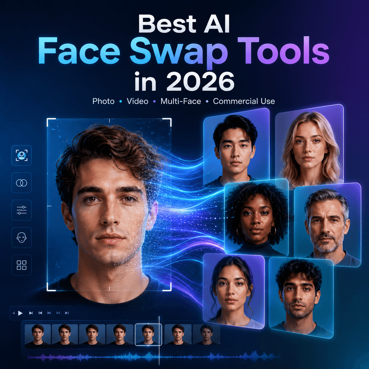 Best AI face swap tools in 2026 comparison featuring photo, video, multi-face, and commercial-use face swap workflows.