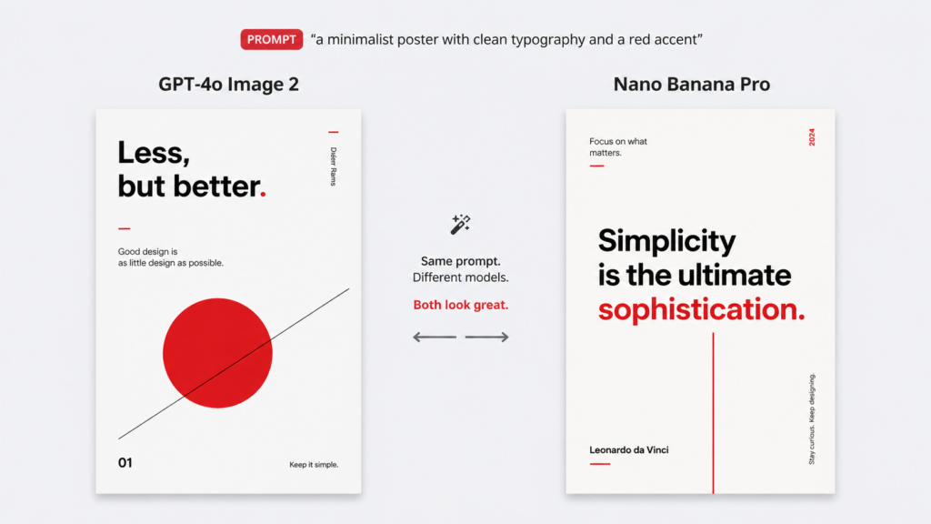 Side-by-side comparison of minimalist posters generated by GPT-4o Image 2 and Nano Banana Pro using the same prompt.