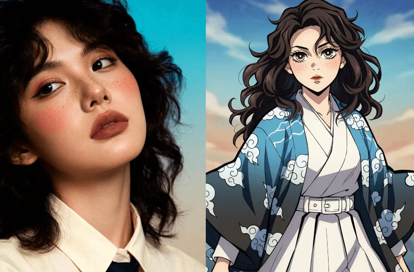 Before and after comparison of a real person transformed into a Demon Slayer style original character using AI OC maker