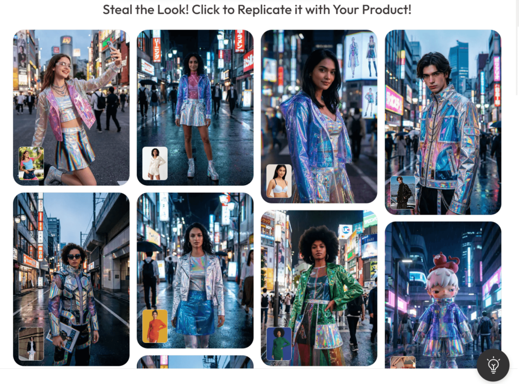 WeShop AI Showcase: Infinite Futuristic Elegance Outfit Ideas – WeShop AI Blog A grid gallery showcasing various models in iridescent and metallic clothing designs created by a futuristic elegance outfit generator in neon city settings.