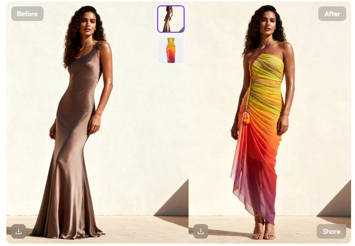 ScreenShot_2026-08-19_023318_909 – WeShop AI Blog AI Clothes Changer before-and-after showing a long neutral dress changed into a colorful draped outfit