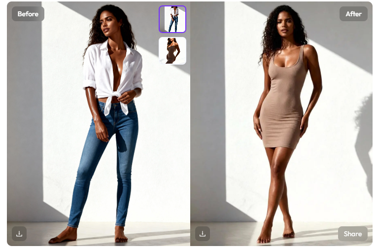 ScreenShot_2026-08-19_023342_555 – WeShop AI Blog AI Clothes Changer before-and-after showing a casual shirt and jeans changed into a fitted beige dress